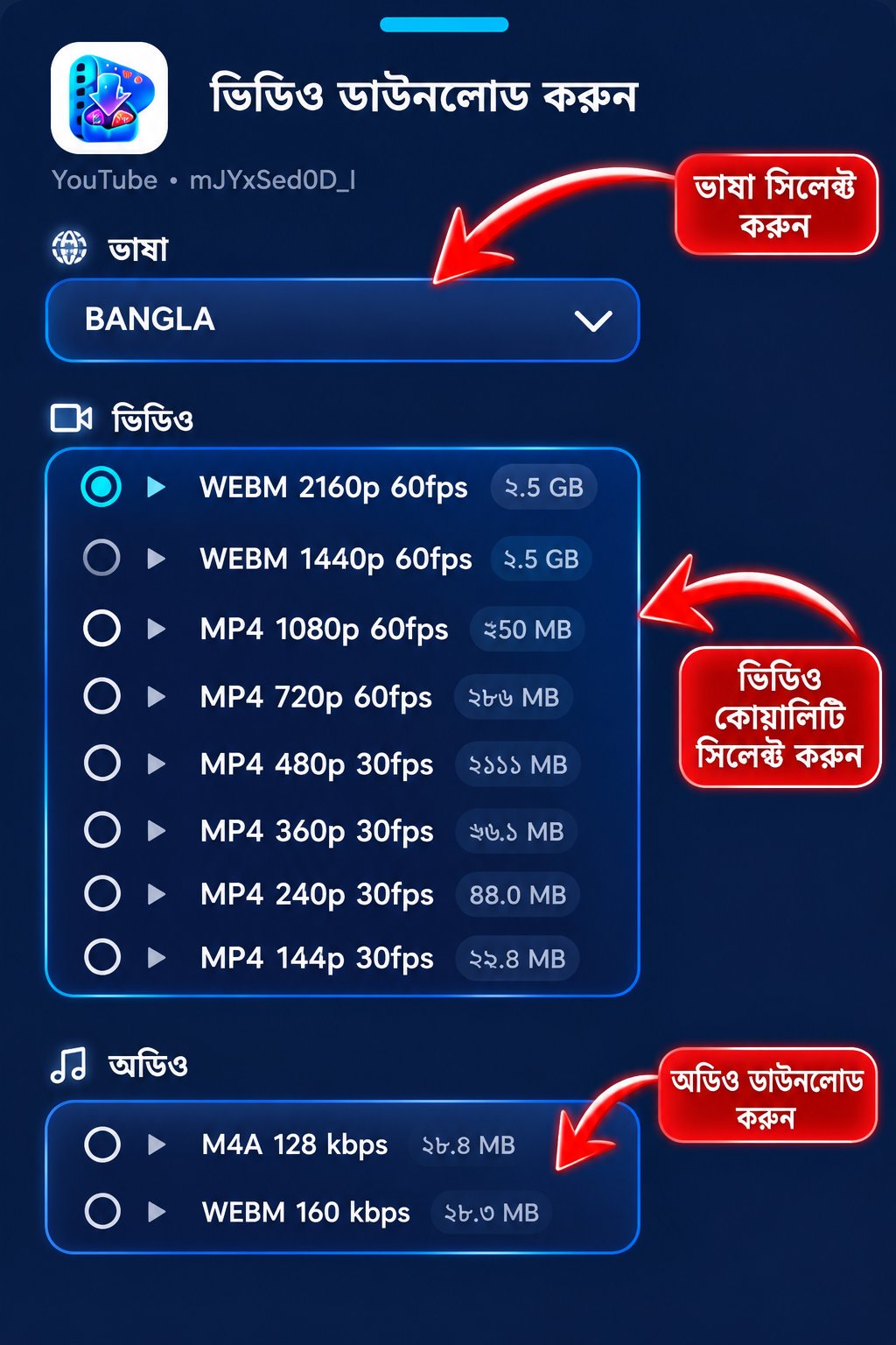 ভাষা ও কোয়ালিটি বাছাই
